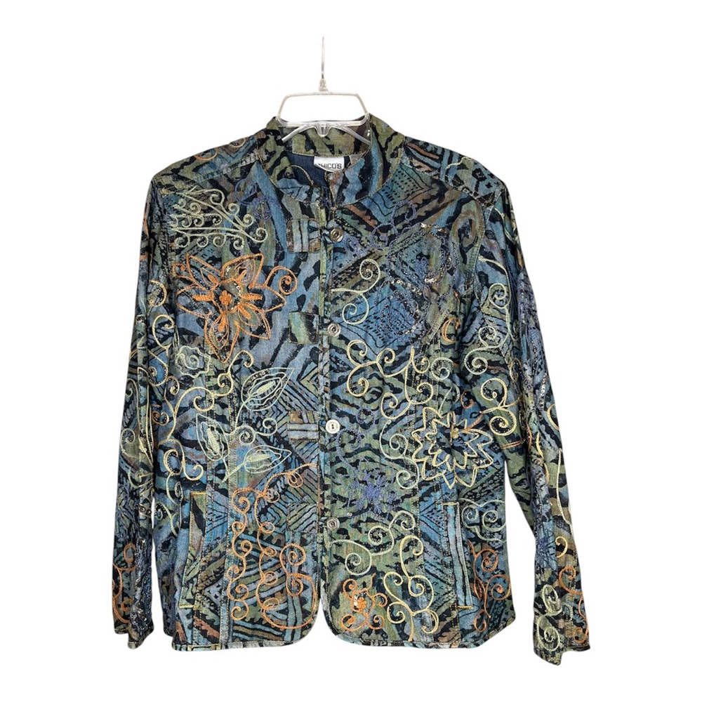 Chico's Women’s Denim Beaded Sequin Paisley Button Loops Mandarin Collar Jacket